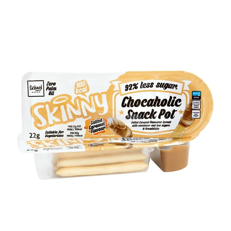 (Opruiming, Ten minste houdbaar tot september 2026) Salted Caramel Skinny Chocaholic Snack Pot - 22g (Kopie)