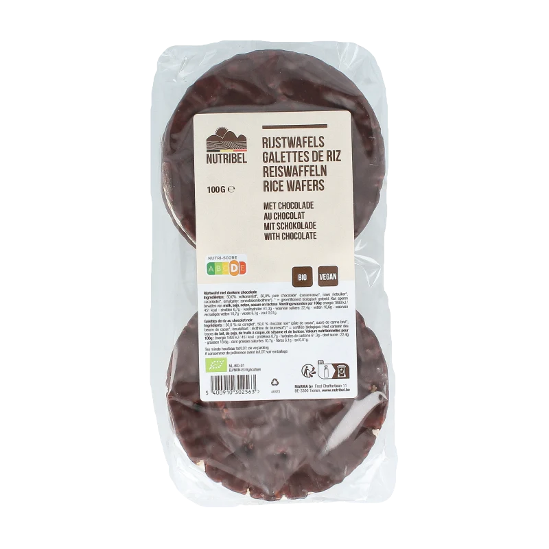 Nutribel Rijstwafels met pure chocolade bio 100 gram