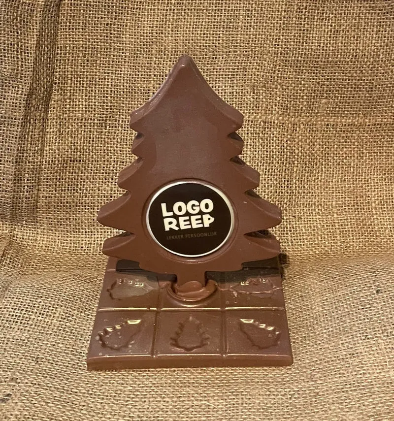 Chocolade kerstboom op voet met logo