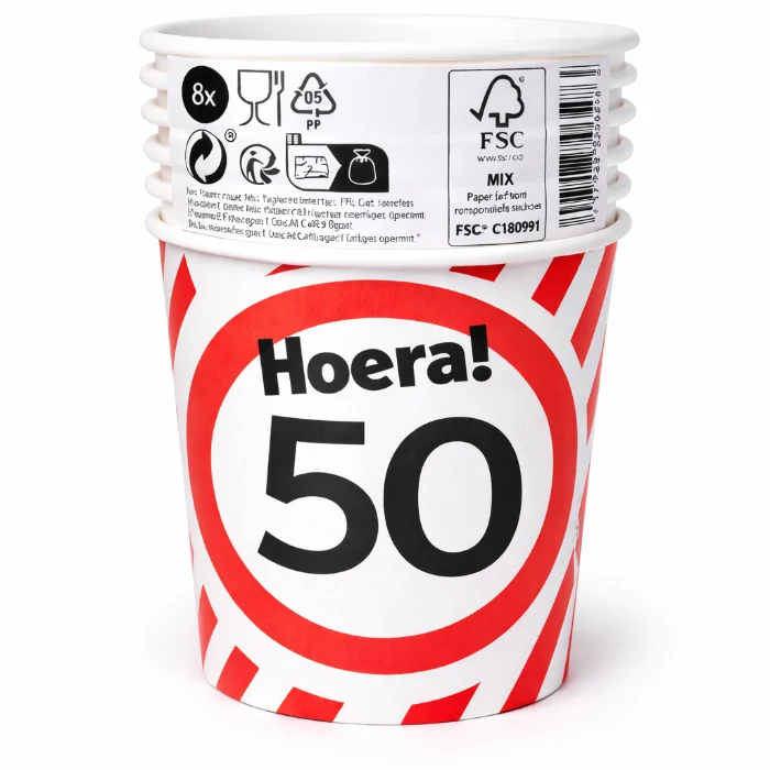 Papieren bekers 50 jaar verkeersbord 250ml 8St
