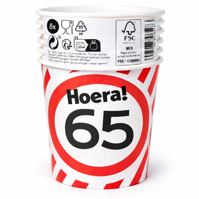 Papieren bekers 65 jaar verkeersbord 250ml 8St