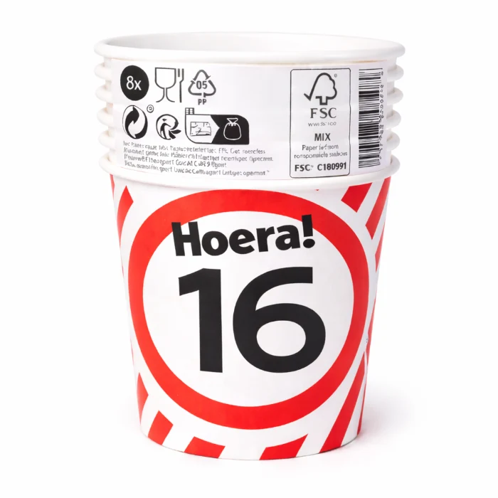 Papieren bekers 16 jaar verkeersbord 250ml 8St
