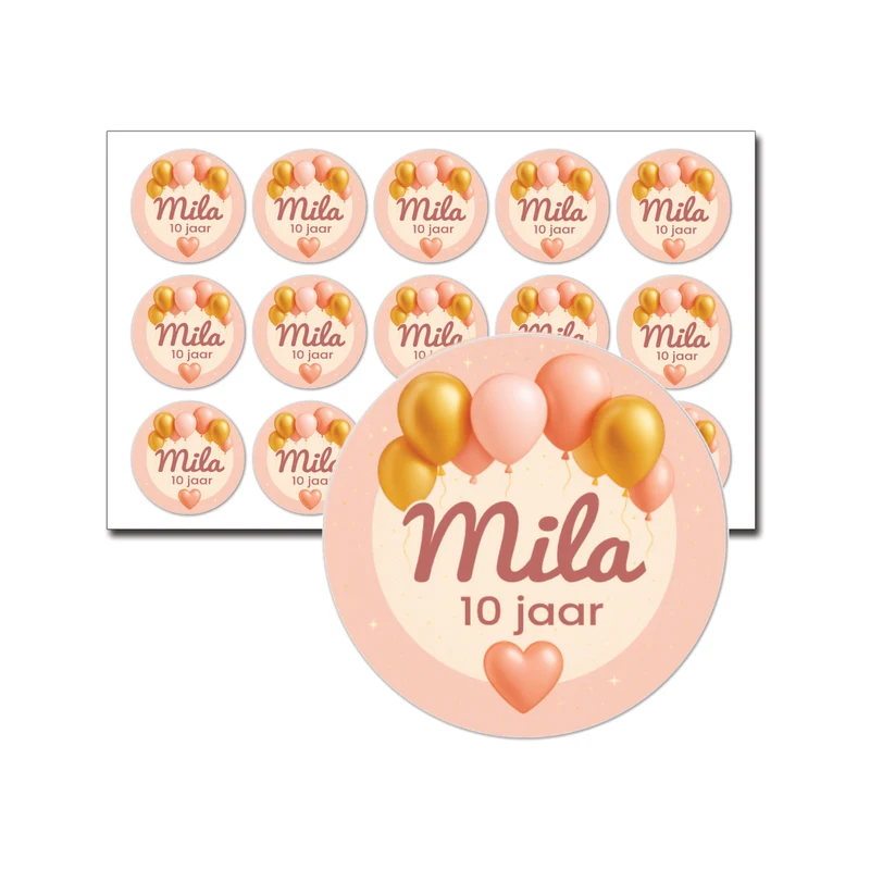 Traktatiestickers ballon roze/goud met naam en leeftijd - 15 stuks per vel