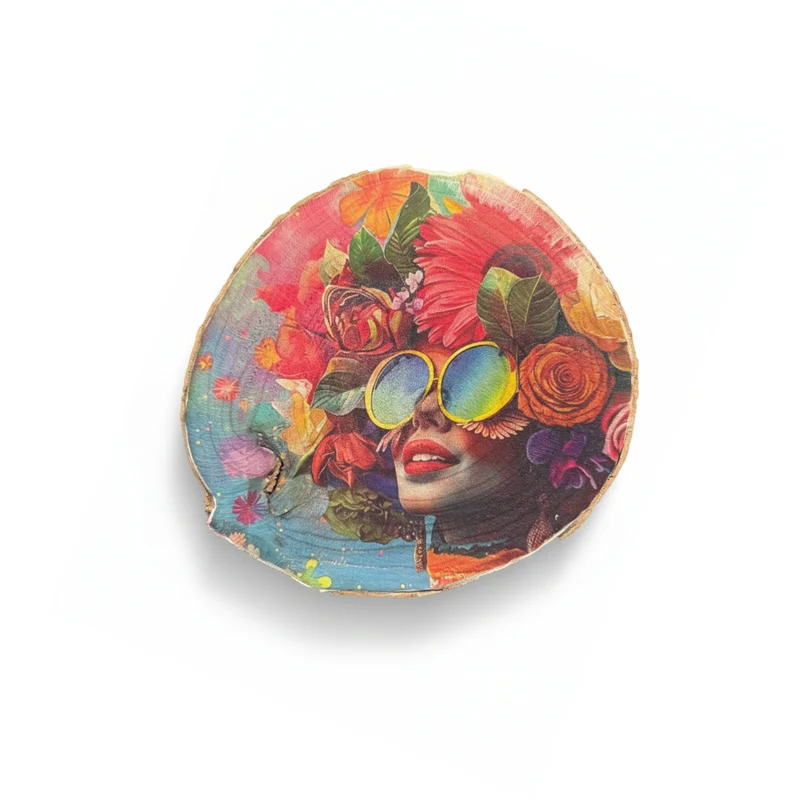 Limited Edition Boomschijf | Kleurrijk Portret met Bloemen