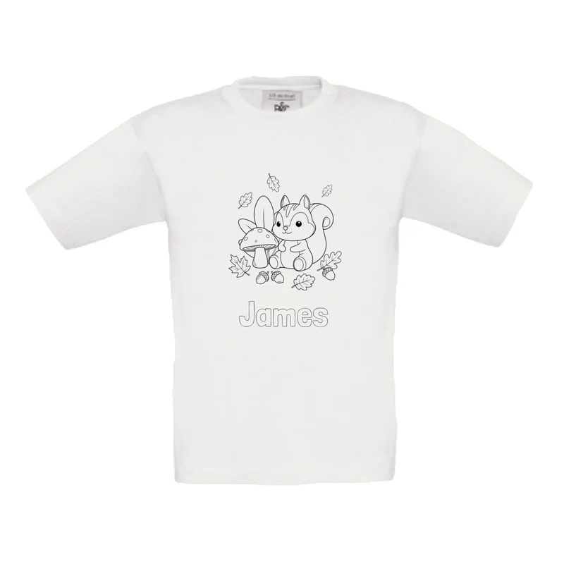 Herfst t-shirt met eekhoorn om in te kleuren (met naam)