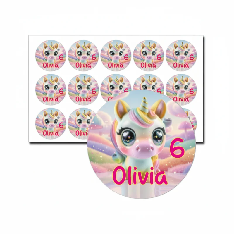 Traktatie stickers schattige unicorn met naam en leeftijd – 15 stuks per vel