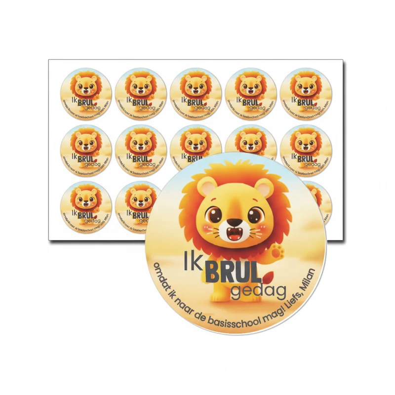 Traktatie stickers Ik brul gedag met naam en leeftijd – 15 stuks per vel