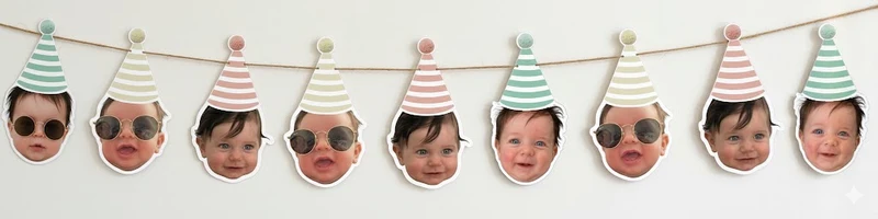 Gepersonaliseerde verjaardagsslinger met eigen foto's en feestmutsjes