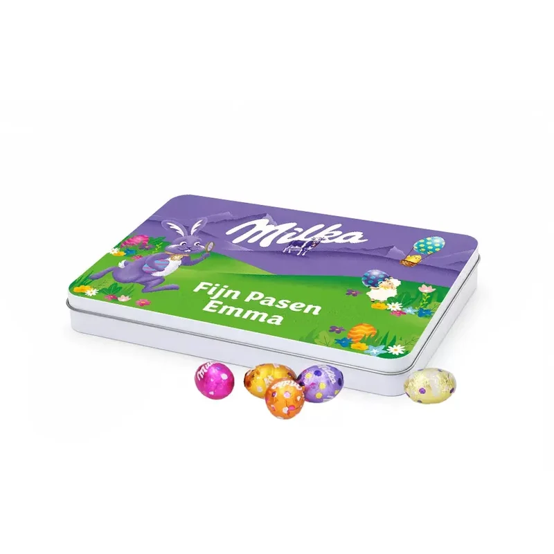 Milka paaseitjes mix - gepersonaliseerd cadeau - Paasgeschenk - laag tinnen blik - 290g
