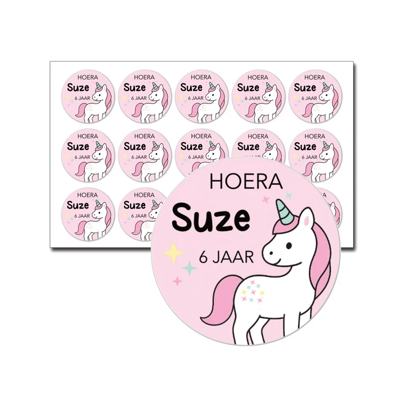 Traktatiestickers unicorn met naam en leeftijd - 15 stuks per vel