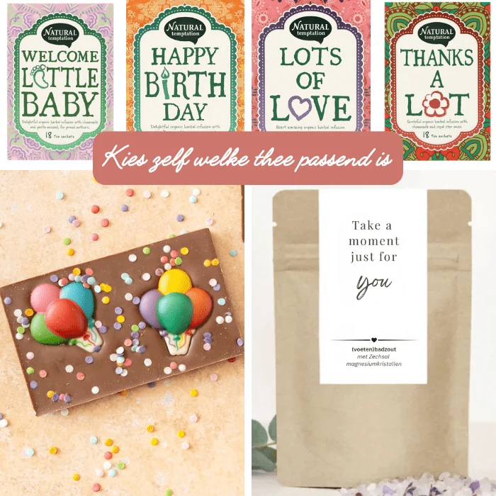 Cadeauidee | Chocoladereep met ballonnen + thee + voetenbadzout