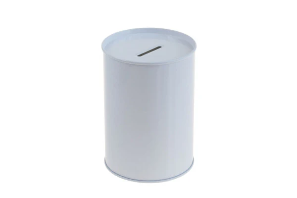DSR 033 Witte metalen spaarpot Ø85x120 mm – strak en effectief promotieartikel