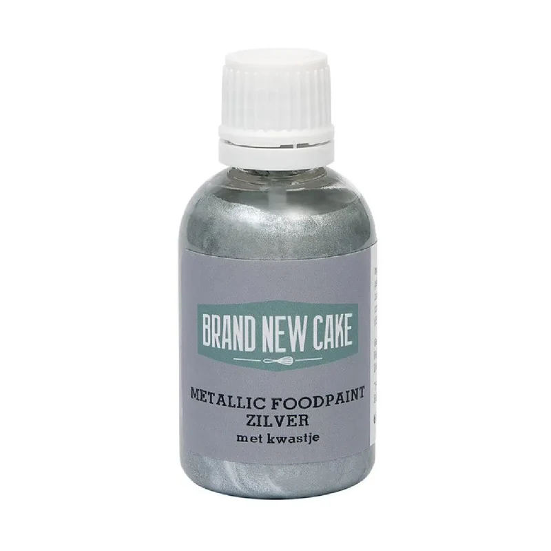 BrandNewCake Metallic Food Paint Zilver met Kwastje 60g
