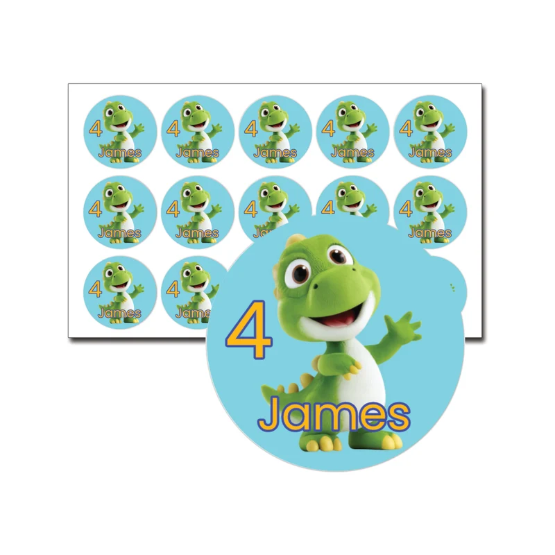 Traktatie stickers dino met naam en leeftijd – 15 stuks per vel