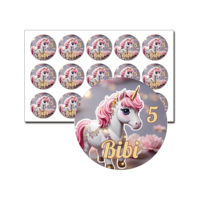 Traktatie stickers sparkling unicorn met naam en leeftijd – 15 stuks per vel