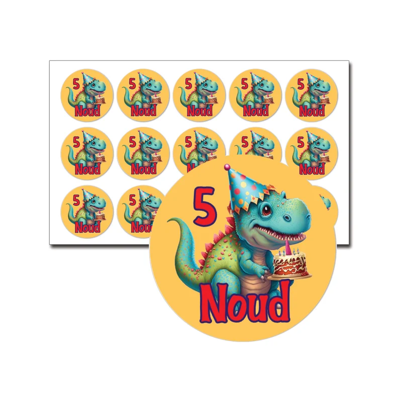 Traktatie stickers dino met taart met naam en leeftijd – 15 stuks per vel
