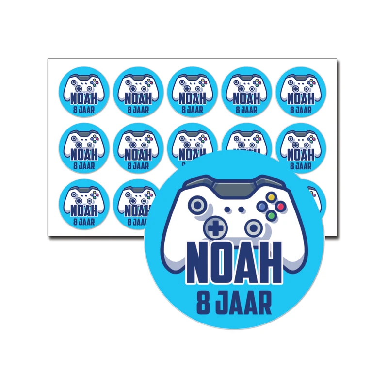 Traktatie stickers game controller met naam en leeftijd – 15 stuks per vel