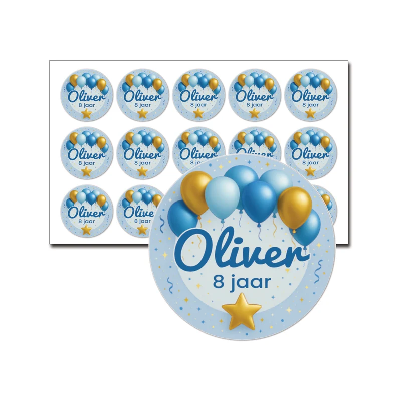 Traktatie stickers blauw/goud met naam en leeftijd – 15 stuks per vel