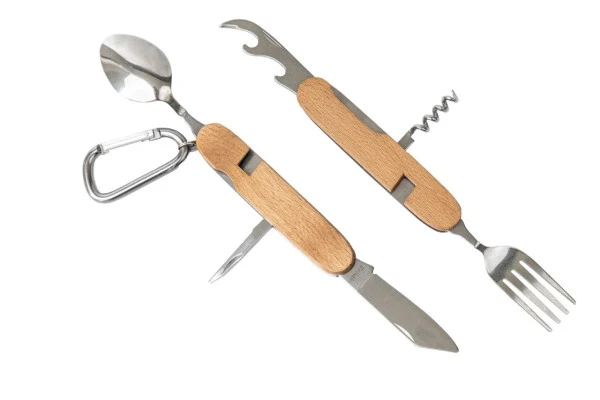 BE 10 Multifunctioneel Bestek – 6-in-1 outdoor bestek met beukenhout