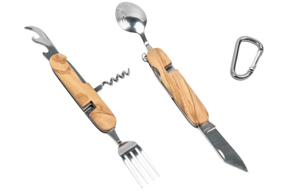 BE 01 Outdoor bestek set RVS met houten handgreep – compact en multifunctioneel