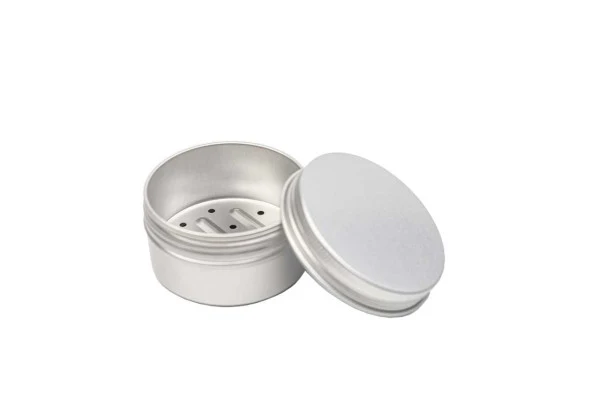 DSS 050 Rond aluminium zeepblik – zeepdoosje met lekbak en schroefdeksel