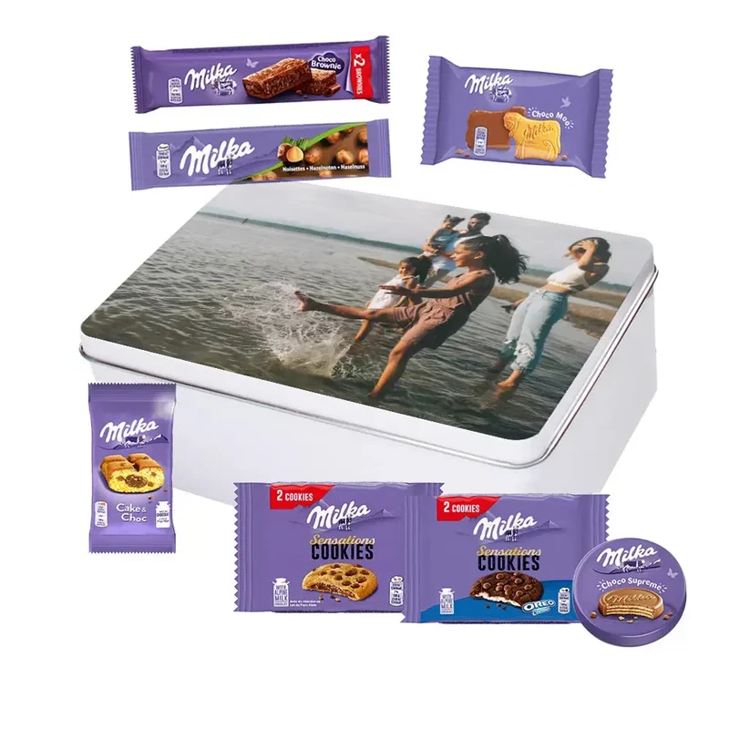 Milka Mix chocolade, koekjes en cakejes - volledig gepersonaliseerd cadeau - large tinnen blik - 451g