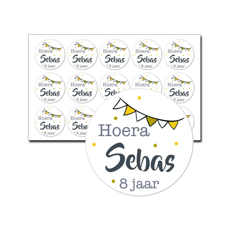 Traktatie sticker vlaggetjes met naam en leeftijd – 15 stuks per vel