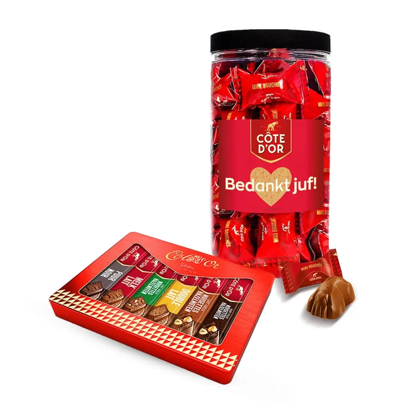 Côte d'Or chocoladepakket voor juf - "Bedankt juf" - Mini Bouchée & chocoladerepen - 775g