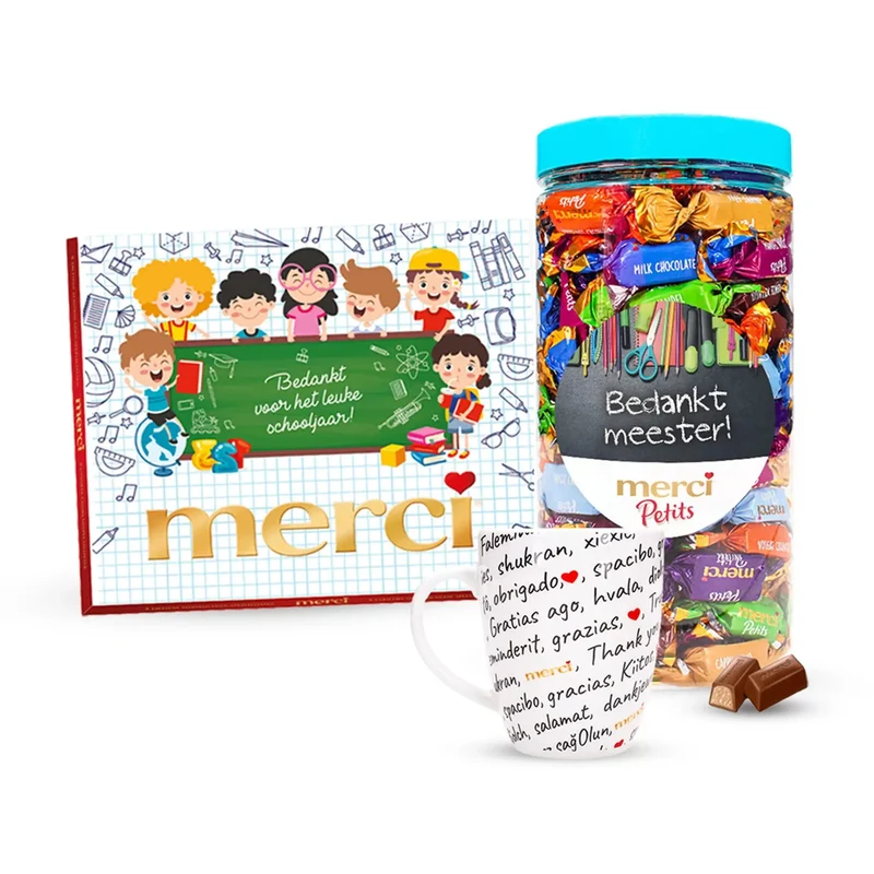 merci geschenkpakket voor de meester met chocolade en mok - bedank de leerkracht - 950g
