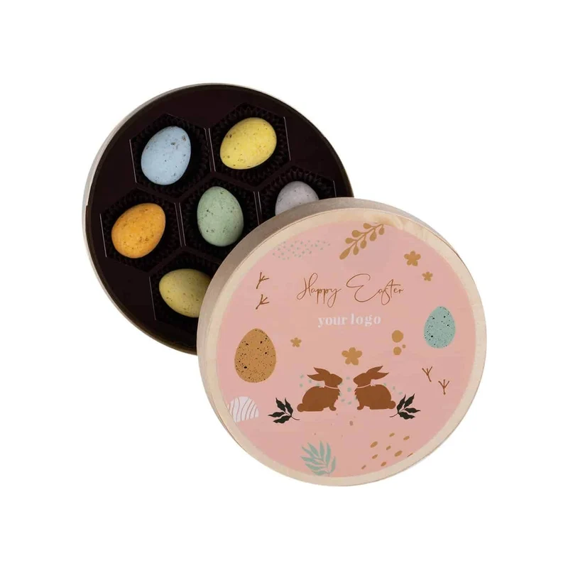 Zoete bon – Gespikkelde Chocolade Paaseitjes in Houten Box