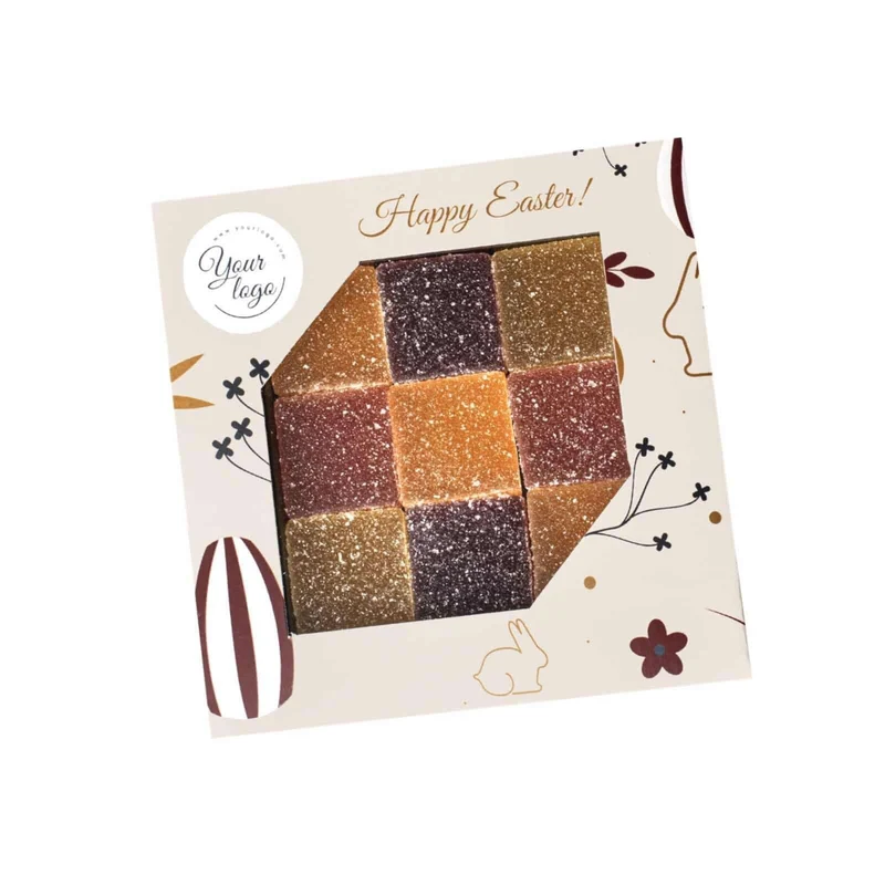 Reclamesnoep Pure Fruit Square – Luxe Fruitjellies in Vierkante Geschenkverpakking