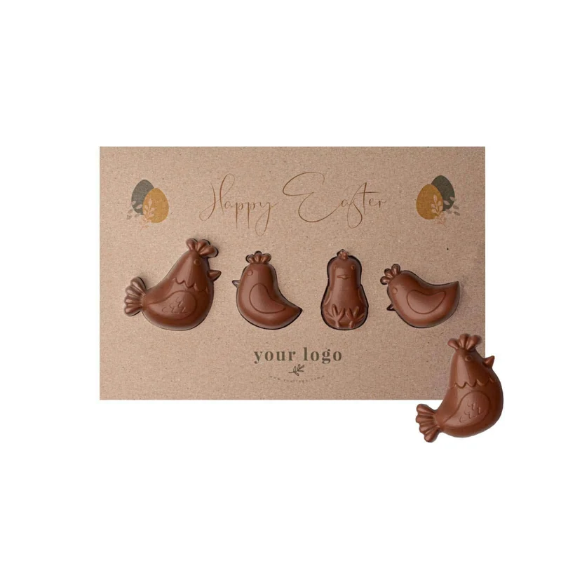 Chocolade Paaskaart met Hennetjes – Feestelijke Mailing met Chocoladefiguren