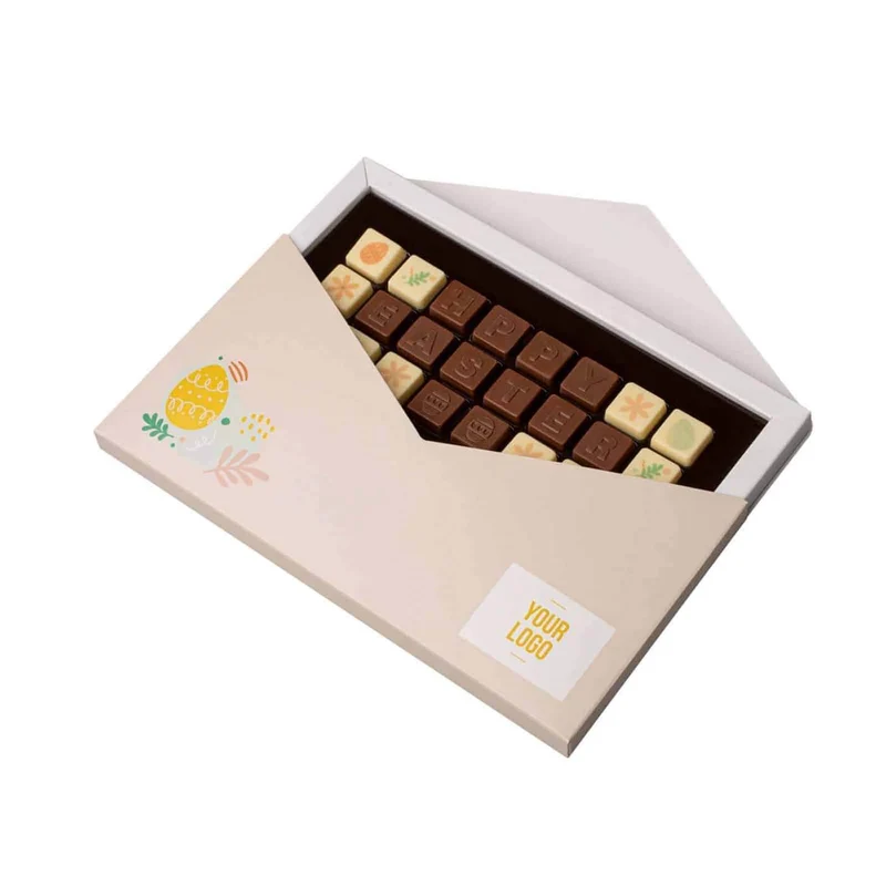 SET VAN CHOCOLADE CHOCO TEXT 4 LINIËN IN ENVELOPE – Paas Chocolade