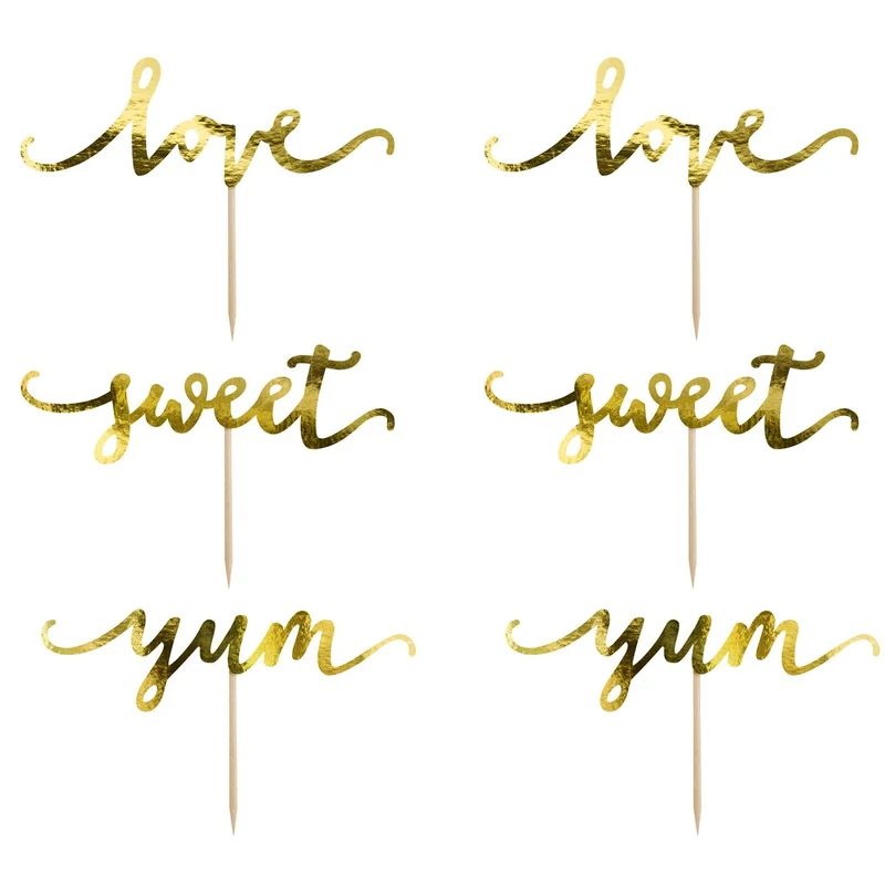PartyDeco | Cupcake topper Love/Sweet/Yum goud (set/6)