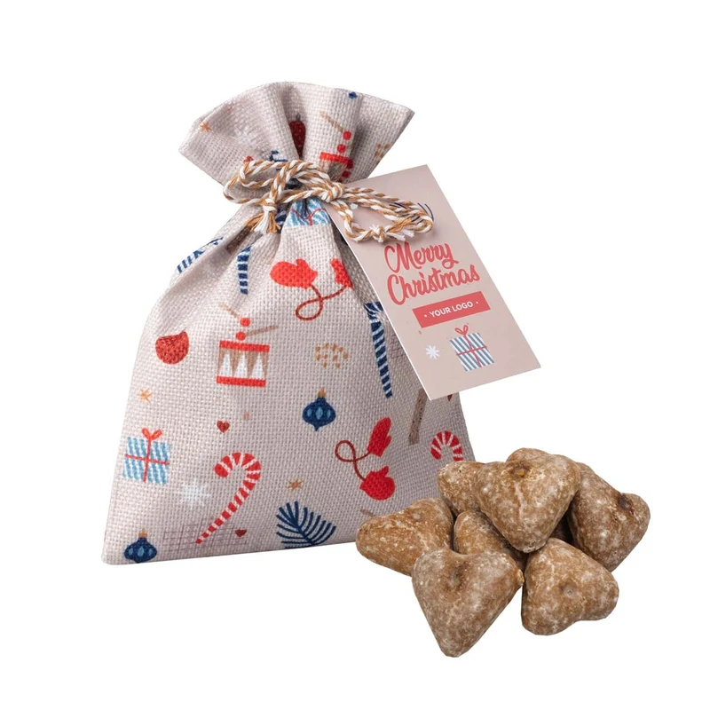 Peperkoekkoekjes met logo, kerstman cadeautas